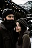Placeholder: Mountain Christmas scene, dark haired couple, man with black beard