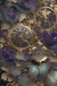 Placeholder: art nouveau, dark colored flowers and ivy, time pieces and gears, gold sparkles and magic, photorealistic