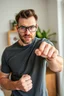 Placeholder: Portrait of angry caucasian man wearing eyeglasses and showing big fist standing at home indoor