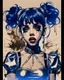 Placeholder: Poster in two gradually, a one side the Singer Melanie Martinez face, full body, painting by Yoji Shinkawa, darkblue and sepia tones,sinister, detailed iridescent, metallic, translucent, dramatic lighting, hyper futuristic, digital art, shot with Sony Alpha a9 Il and Sony FE 200-600mm f/5.6-6.3 G OSS lens, natural light, hyper realistic photograph, ultra detailed -ar 3:2 -q 2 -s 750,malevolent goth vampire girl face and other side