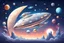 Placeholder: flat round silver light FANTASY spaceship in starry sky with planets