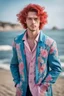 Placeholder: kind young sailor, man, red slightly curly hair, long jacket, pink-azure clothes, white floral pattern on the jacket, flower in the hair,, my time at sandrock style