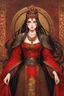 Placeholder: woman with long brown hair and red eyes, medieval concubine, anime style, highly detailed, intricate background, red and black clothes, Greg Rutkowski