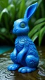 Placeholder: A blue water elemental rabbit designed in Hawaiian tikis painted by Birge Harrison