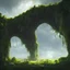 Placeholder: stone arch covered in plants, hanging vines, floating inside an enormous spherical chamber, cinematic, dramatic lighting, cinematic view, epic sky, detailed, concept art, low angle, high detail, warm lighting, godrays, vivid, beautiful, by jordan grimmer, trending on artstation, huge scene, grass, art greg rutkowski