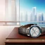 Placeholder: very close up of a very big luxury wrist watch with dark mirror glass stands on table in balcony skyscraper and reflects modern city environment image , to the camera ,centered.