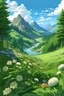 Placeholder: somewhere in mountain with a river flowing and greenry around with mainly herbs and flowers in bottom front in anime way