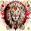 Placeholder: Lion symmetrical design ink art colors yellow cream red white and black hyper-detailed realistic 8k