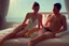 Placeholder: Digital painting of dad and two beautiful young teenage girl in a swimsuit on a bed. eating a banana. with dad, artstation, 8k, extremely detailed, ornate, cinematic lighting, vivid.