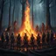 Placeholder: close up one large bonfire with its flames rising high in a clearing, around the bonfire many anthropomorphic wolf humanoids crying, dancing, singing and just watching the flames. rain, cold deep colors, around them in the background dark trees with huge trunks, rainy day, high contrast, high detail, atmospheric, dark fantasy, sci-fi atmosphere, cinematic