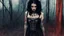 Placeholder: The Dark Lord's Granddaughter is a witch with her bloody fangs, covered by tattoos and lace agent provocateur dress [vintage style noisy scratches glitches, Shot the texture and then rewound the film and double exposed from a 1970 B series movie] she stands poised on hands and knees