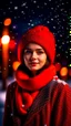 Placeholder: Cute girl in red hat and scarf, snowfall in the background, night