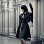 Placeholder: A beautiful slender young Asian woman with short black hair and a black trench coat, waiting for a man at night at a train station in London