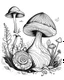 Placeholder: mushroom world with snail minimalistic landscape. line art, background, vector, svg, coloring book page style, black outline on white background