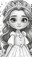 Placeholder: black and white, ((white background,)) coloring drawing page, cartoon, style pixar, line art, beautiful cute princess, beautiful dresses, with cute hair and eyes, crystals and diamond, sparkles background,