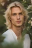Placeholder: Perfect 25 year old blond man, amazing beauty, very light long blond hair, shoulder length, blond as a light sun, blue eyes like the sky, tall and strong body, male face, lost look in a garden looking at the sun