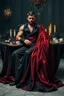 Placeholder: "prompt": "A dark, moody, surreal scene of a rugged auto mechanic at a decadent high tea. Instead of workwear, he now wears a flowing, high-fashion silk gown — glossy black with crimson undertones, draped dramatically yet smeared with streaks of oil and dust. BALL gown clings to his BUFF muscular frame while long folds cascade onto the cracked marble floor. He sits at a grand, candlelit tea table covered in black velvet, where tarnished silver trays hold eerie pastries, shattered porcelain cups