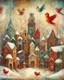 Placeholder: dance of snow-covered, whimsical, multicoloured houses of incredible architecture, bizarre Christmas trees and red, whimsical birds. Style of Inge Shuster, Catherine Hyde, Erica Hopper, Gabriel Pacheco, Jamie Heiden, Antoine Josse , Angelina Wrona, Duy Huyn, Cecilia Frigati, Esao Andrews. Abstract background with texture, grunge paper, mixed media art,acrylic, oil pastel, set of charcoal with different characteristics, pigments. Promt©valestok. Full size image, no text, no copyright. Modifiers: