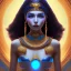 Placeholder: 3D close-upand anime style of a beautiful Arab pharaonic girl, sarcastic smile, high contrast, glowing backlighting, blue and red backlighting, vibrant hair, dark brown eyes, sharp focus, high makeup, medium face painting, background blur.Mark Ryden