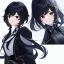 Placeholder: Clear focus, High resolution, short black hair, white and black hair, 2 hair colors, black eyes, wearing a black jacket and a white shirt, wearing a black skirt, 1girl, Genshin impact, long locks, long eyelashes