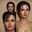 Placeholder: centered, Realist, head and shoulders portrait, angelina jolie young face, golden dress athena god