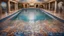 Placeholder: Superb pictorial multicoloured mosaic floor, walls with pictures of bathers and swimmers, swimming pool, water feature, relaxation, luxury, dream world, calm beauty, symmetry, fantasy world, magic, beautiful composition, exquisite detail, 135mm lens, adjust perspective, chiaroscuro, dynamic lighting