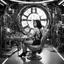 Placeholder: Black and white, retrofuturism, and sci-fi photograph of a woman in_undies with sleek, dark hair, wearing a form-fitting, high-tech harness with mechanical components and cables. She is seated in a futuristic chair with complex machinery and wires connected to it. The setting appears to be a laboratory or control room, evoking a mid-20th-century vision of the future. High-detail, vintage aesthetic