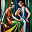 Placeholder: Two 1920s tailor women making an art deco dress,by artist "Tamara de Lempicka",highly detailed elegant beautiful crisp quality, colourful