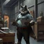 Placeholder: a fat anthropomorphic wolf-man wearing t-shirt pants and red belt around his waist looking at several item lists in his paws in a large warehouse, around some boxes and wooden crate, an another anthropomorphic wolf-man just half visible in the doorway as he looks at him, detailed, realistic, sci-fi, anthro mood, fantasy