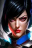 Placeholder: Fiora in kombat, blue eyes, short black hair, black and red details, league of legends