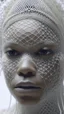 Placeholder: A long hyperrealistic zoomed out shot of a queen face of the barbar tribes all in white head out of a white spider web, intricate details, soft natural light, screen captured from 4K Blu-ray. All white background