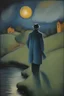 Placeholder: An oil painting in the style of Chagall. The ghostly figure of a man in the night, who is a private detective in a raincoat, half turned toward the viewer. He is observing the wall of a provincial manor on a hill, with a brook and some bushes.