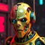 Placeholder: a damaged cyberpunk robot, bright colours, futuristic, dystopia, stylised, digital art, 3d render
