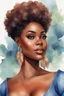 Placeholder: create a watercolor illustration of a plus size dark skinned black female wearing Tight blue jeans and a hazel brown off the shoulder blouse. Prominent make up with long lashes and hazel eyes. She is wearing brown feather earrings. Highly detailed short pixie cut