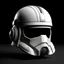 Placeholder: Generate a high-definition square image that focuses on a minimalist and geometric interpretation of a space trooper helmet, commonly associated with the Star Wars universe. The helmet should be viewed frontally and fill most of the frame, with sharp, clean lines defining its silhouette and features. Emphasize the helmet’s smooth curves and the iconic eye slits and mouth grill using a monochromatic color scheme. The background should be pure white, devoid of any additional elements or decoration