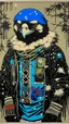 Placeholder: A contemporary serigraphy portrait by Kunisada of a crow adorned in a punk leather jacket within a snowy Christmas atmosphere.