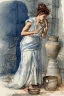 Placeholder: A woman in an ancient Roman dress pours water from an amphora into a pot in a blue and white bathroom, by Jean-Baptiste Monge, watercolour and ink, highly detailed, award winning, crisp quality in sunshine