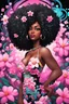 Placeholder: create a psychedelic digital enhance cartoon art style image with exaggerated features, 2k. cartoon image of a curvy size black female looking off to the side with a large thick tightly curly asymmetrical afro. Very beautiful. With pink and white plumeria flowers