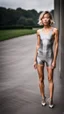 Placeholder: beautiful asian anorexic woman, total shot, short silver triathlon swimsuit, short blond wavy bob hair, blurred concrete background