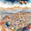 Placeholder: Oman Muscat city with colorful Hot air balloons on the horizon, vibrant storybook illustration, watercolor and ink painting, perfect composition, bright color gorgeous, subtleties beneath the surface, detailed background, cinematic, meticulously_detailed, fine art painting, intricately_detailed, super_crisp_clear_detail, moody