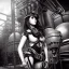 Placeholder: great illustrator, spanish, realistic rendering of a cute girl, beautiful, steampunk syle, black and white. Helmet with tubes. breathing mask. Machinery in the background. robotic bird flying. High details. 4k. unreal engine