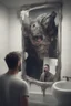 Placeholder: a man looking into a shattered bathroom mirror and seeing a horrifying, abstract deranged monster in his reflection