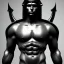 Placeholder: Muscular man sculpture, background = BLACK with a bit of mist, roman warrior, armor, helmet