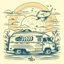 Placeholder: A retro camper van parked by the ocean, nostalgic, carefree, golden hour lighting, T-shirt design graphic, vector, contour, white background. WITH A FISH BEHIND IT AND WORDS\"Summer is a time to relax \"IN WHIT LET-TERS.THE BACK