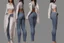 Placeholder: Female characters design mode sheet often have softer curves and a more hourglass figure. Consider the proportions of the bust, waist, and hips to create a feminine silhouette. full anatomy with modern cloth like jeans and t shirt.