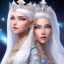 Placeholder: Ice Princess with white hair smilling, a crown with precious stones, bright background