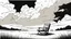 Placeholder: broken wooden chair, anime, monochrome, black background, ink, simple, maximum quality, broken hinge, barely functioning, centered on frame, far view, in the middle of a grassy hill, white sky with cumulonimbus
