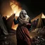 Placeholder: A Palestinian woman wearing the Palestinian dress carries her dead son as she screams and cries at night, with explosions in refugee tents behind her.