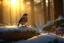 Placeholder: Hyper Photo-realistic image. A robin sitting on an ancient oak tree in a beautiiful forest. Hyper realistic. Photorealism. Winter scene. Early morning, golden white, winter light. Snow on the ground. A mist with the sun streaming through the trees like shards.