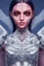 Placeholder: Battle angel, futuristic fantasy assassin character, portrait from waist up, intricate eyeliner, vibrant eyeshadow, clear completion, soft lighting, 4k resolution, intricate details, insanely detailed, white tank top, vibrant Japanese style tattoo sleeve, colorful cityscape background, masterpiece, expert, cinematic smooth, retroanime style, realistic details